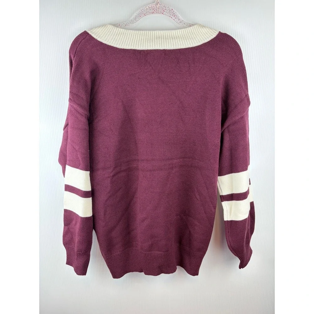 No Comment Sweater Varsity VNeck Maroon 90 Graphic Oversized Preppy Retro Medium